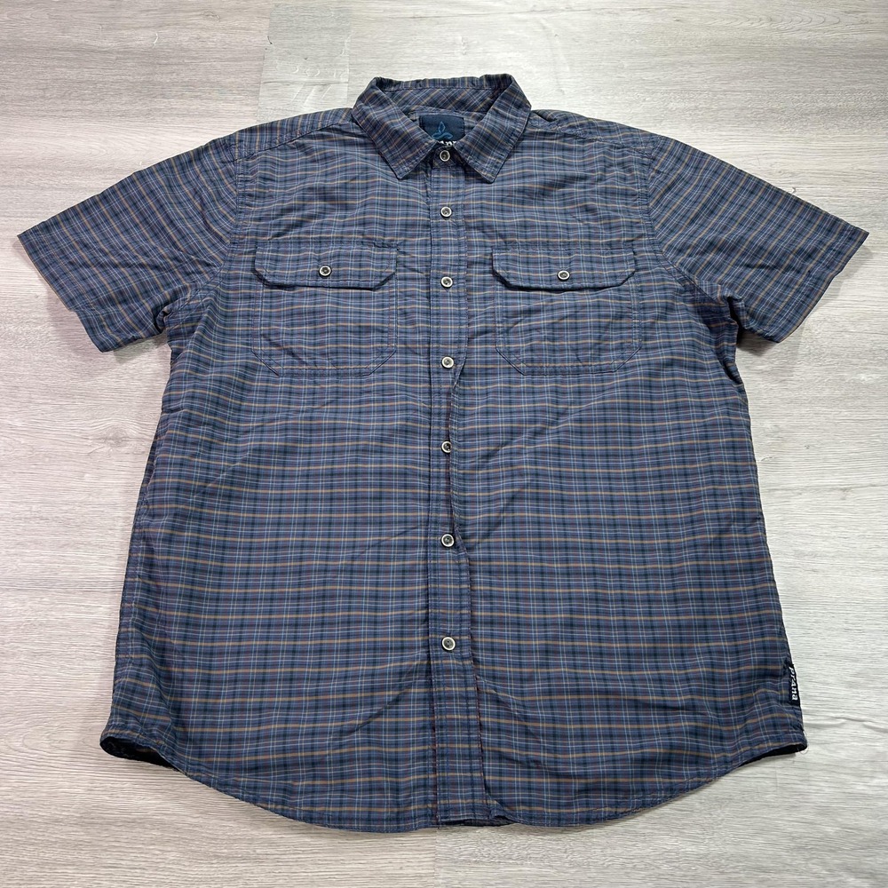 prAna Shirt Mens Medium Blue Plaid Short Sleeve Button Down Nylon Hiking Outdoor